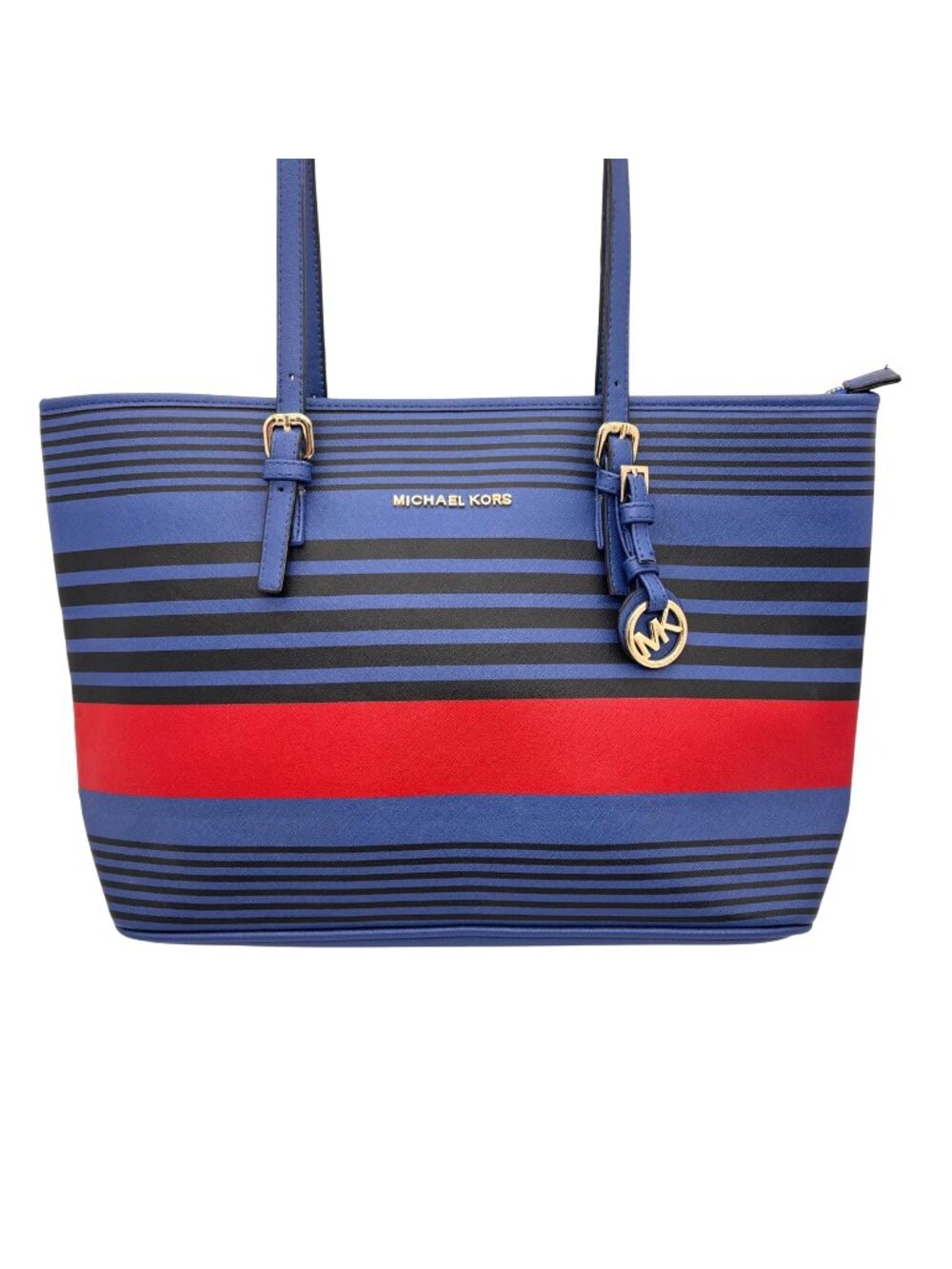 Michael Kors Jet Set Saffiano Canvas Tote Bag Gold MK Zip Closure Dual Handles